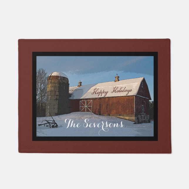 Rustic Winter Barn Happy Holidays Doormat (Front)