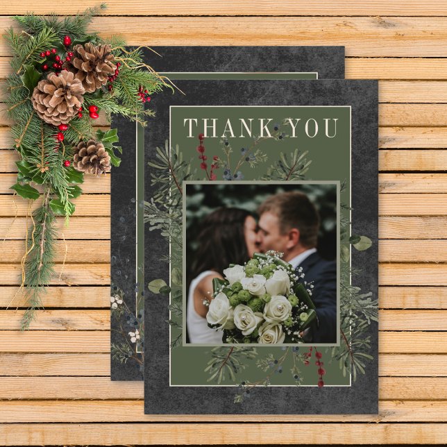 Rustic Winter Berries & Pine Black Wedding Thank You Card (Rustic Winter Berries & Pine Black Wedding Thank You Card)