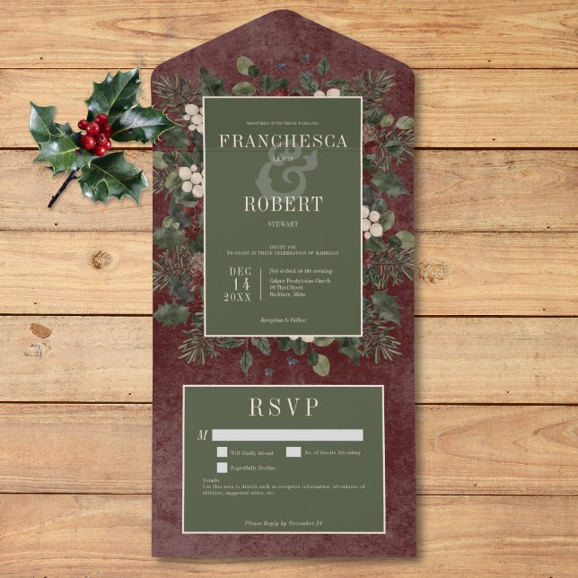 Rustic Winter Berries & Pine Burgundy Details All In One Invitation (Rustic Winter Berries & Pine Burgundy Details All In One Invitation)