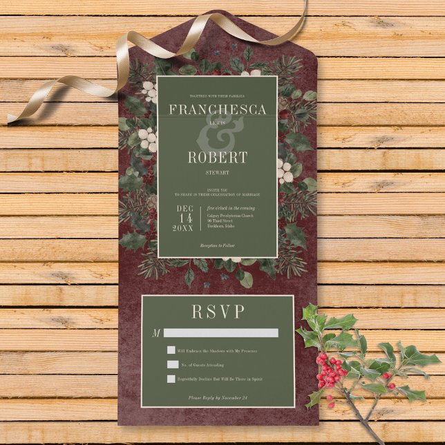 Rustic Winter Berries & Pine Burgundy No Dinner All In One Invitation (Also available with a QR code or with dinner selection options.)