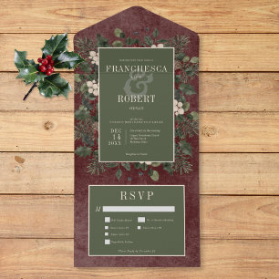 Rustic Winter Berries & Pine Burgundy Three Dinner All In One Invitation