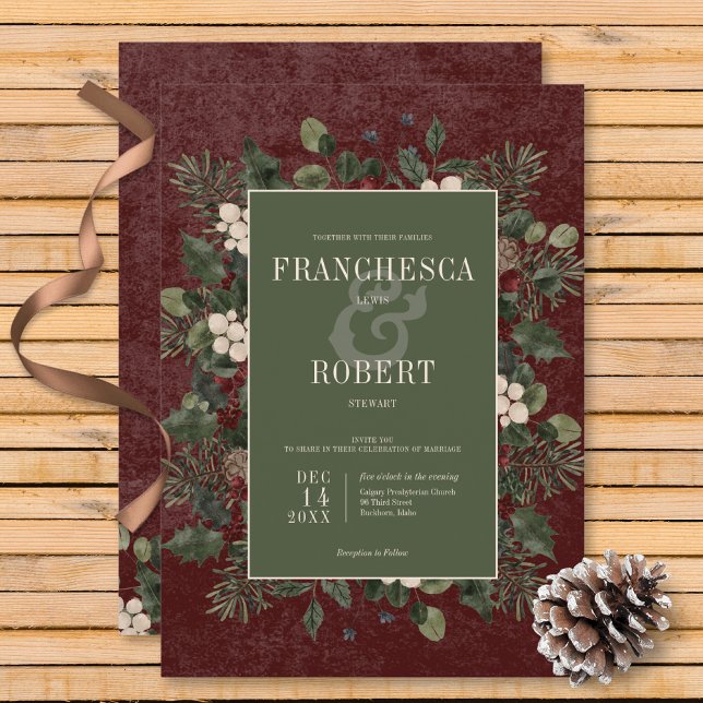 Rustic Winter Berries & Pine Burgundy Wedding Invitation (Rustic Winter Berries & Pine Burgundy Wedding Invitation)