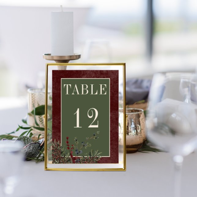 Rustic Winter Berries & Pine Burgundy Wedding Table Number (Rustic Winter Berries & Pine Burgundy Wedding Table Number)