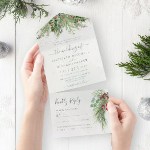 Rustic Winter Berries Pine Cone Greenery All In One Invitation