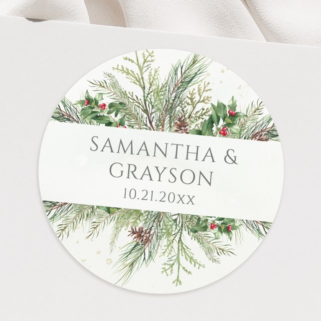 Rustic Winter Berries Pine Cone Greenery Wedding Classic Round Sticker (Creator Uploaded)