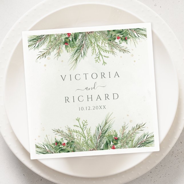 Rustic Winter Berries Pine Cone Greenery Wedding Napkin (Creator Uploaded)