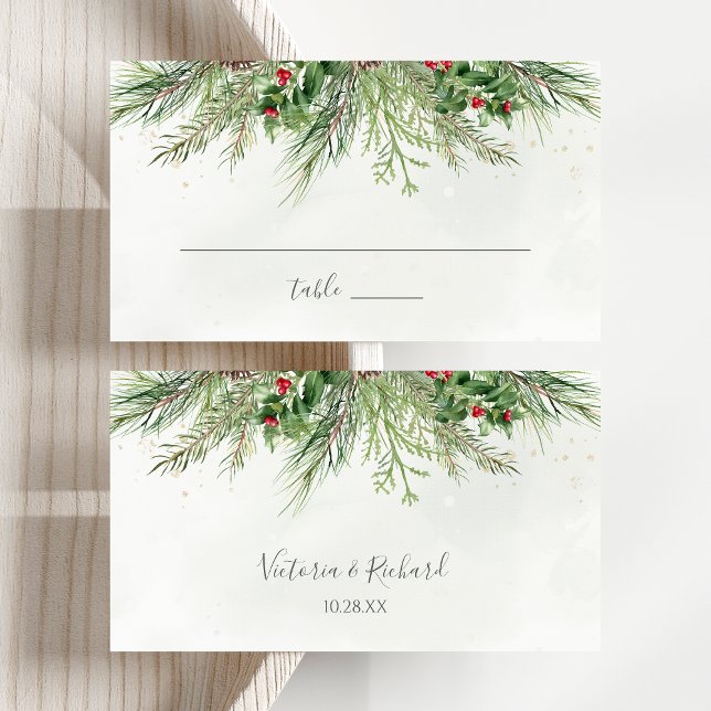 Rustic Winter Berries Pine Cone Greenery Wedding Place Card (Creator Uploaded)