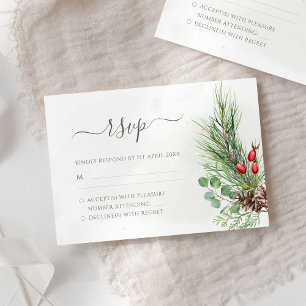 Rustic Winter Berries Pine Cone Greenery Wedding RSVP Card