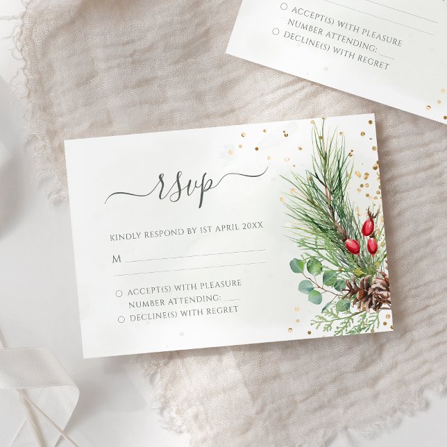 Rustic Winter Berries Pine Cone Greenery Wedding RSVP Card (Creator Uploaded)