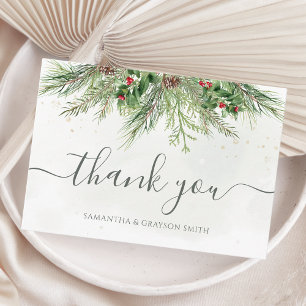 Rustic Winter Berries Pine Cone Greenery Wedding Thank You Card