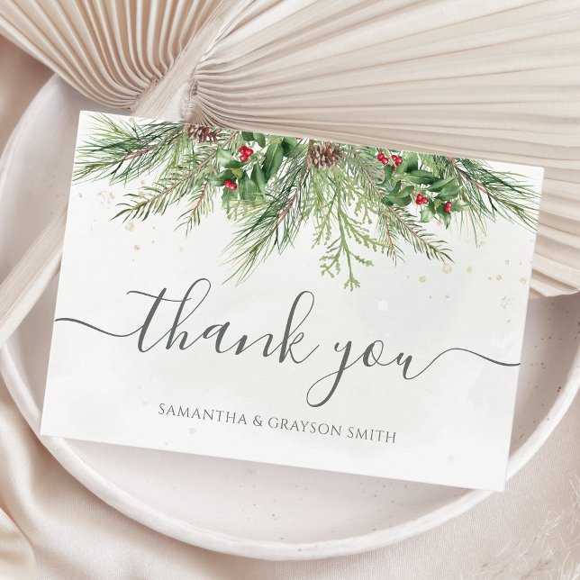 Rustic Winter Berries Pine Cone Greenery Wedding Thank You Card (Creator Uploaded)