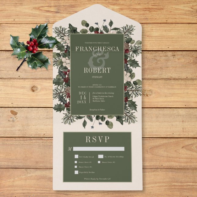 Rustic Winter Berries & Pine Cream Three Dinner All In One Invitation (Creator Uploaded)