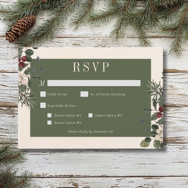 Rustic Winter Berries & Pine Cream Wedding Dinner RSVP Card (Creator Uploaded)