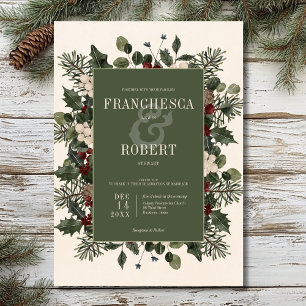 Rustic Winter Berries & Pine Cream Wedding Invitation