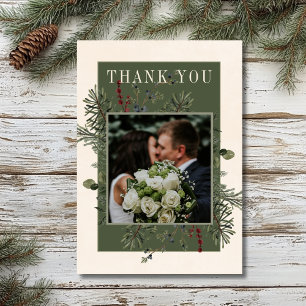 Rustic Winter Berries & Pine Cream Wedding Thank You Card