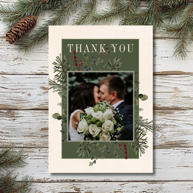 Rustic Winter Berries & Pine Cream Wedding Thank You Card (Creator Uploaded)