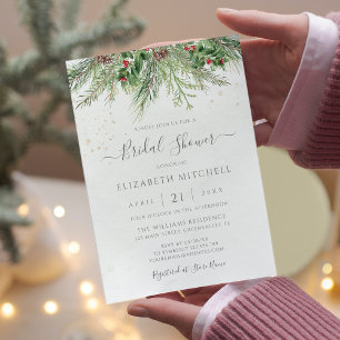 Rustic Winter Berries Pine Greenery Bridal Shower Invitation