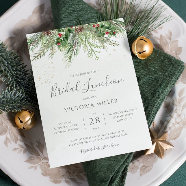 Rustic Winter Berry Pine Greenery Bridal Luncheon Invitation (Creator Uploaded)