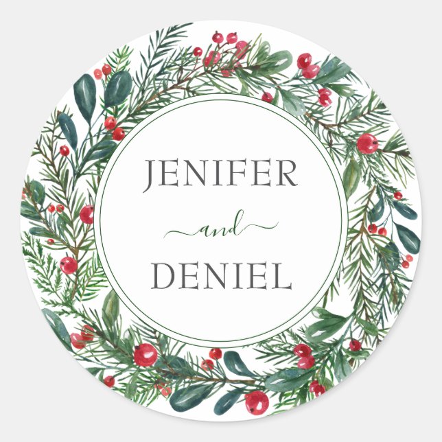 Rustic Winter Berry Pine Greenery Wedding Classic Round Sticker (Front)