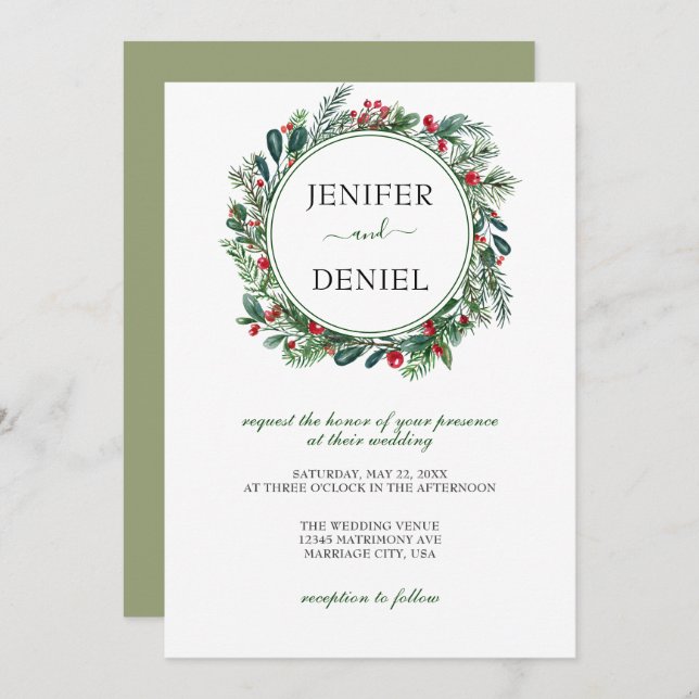 Rustic Winter Berry Pine Greenery Wedding Invitation (Front/Back)