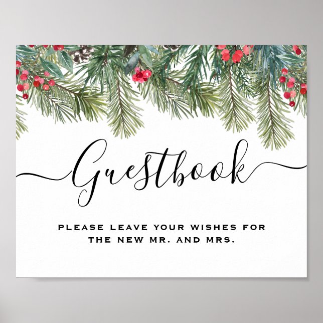 Rustic Winter Berry Pine Greenery Wedding Poster (Front)