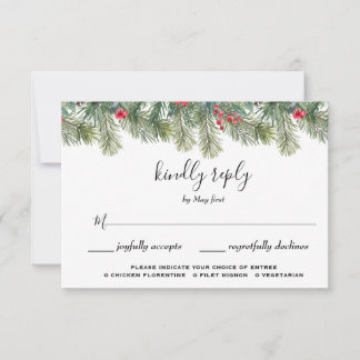 Rustic Winter Berry Pine Greenery Wedding RSVP Card