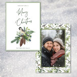 Rustic Winter Bird & Pine Spray Photo Christmas Holiday Card<br><div class="desc">Celebrate the season with the serene beauty of winter. Our nature-inspired Christmas card features a delicate watercolor image of rustic pine, pinecones, mistletoe with white berries, and a beautiful winter bird—capturing the quiet magic of the season. Finished with a clean, modern font and soft sage green double frame, this design...</div>