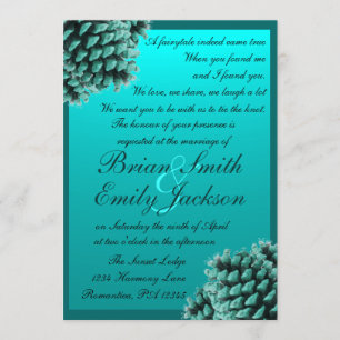 Rustic winter blue pine cone wedding invitations
