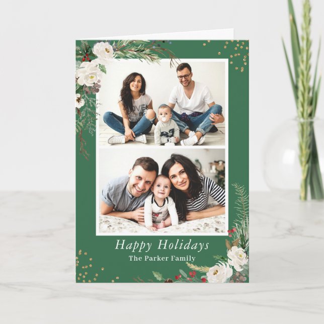 Rustic Winter Botanical Floral 2 Photo Folded Holiday Card (Front)