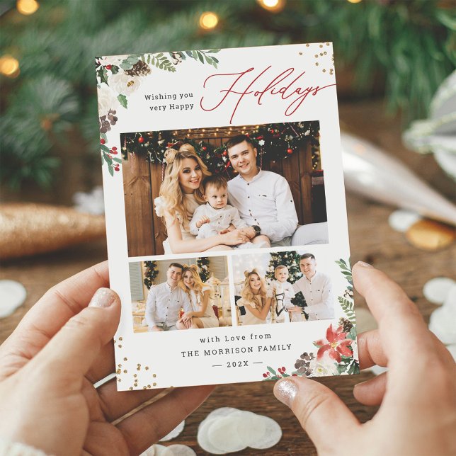 Rustic Winter Botanical Floral Script 3 Photo Holiday Card (Creator Uploaded)