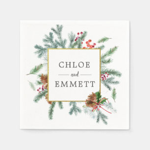 Rustic Winter Botanical Greenery Red Bow Wedding Napkin