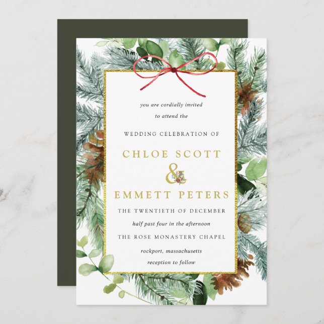 Rustic Winter Botanical Pine Wedding Invitation (Front/Back)