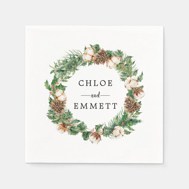 Rustic Winter Botanical Wreath Custom Wedding Napkin (Front)