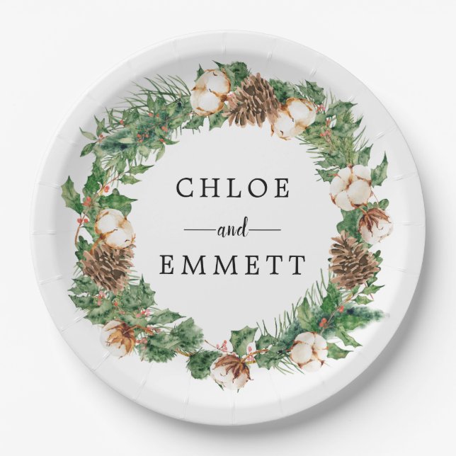 Rustic Winter Botanical Wreath Custom Wedding  Paper Plate (Front)