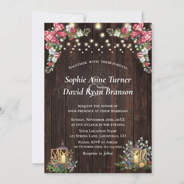 Rustic Winter Bouquet Gingham Bow Wood Wedding Invitation (Front)