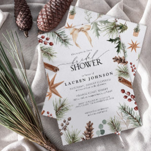 Rustic Winter Bow Evergreen Berry Bridal Shower Invitation