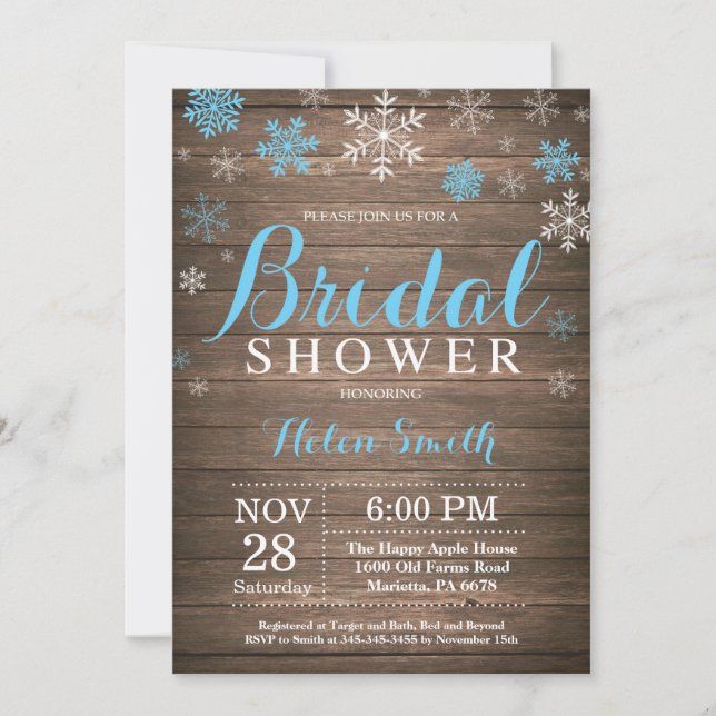 Rustic Winter Bridal Shower Blue Snowflake Invitation (Front)