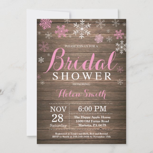 Rustic Winter Bridal Shower Pink Snowflake Invitation (Front)