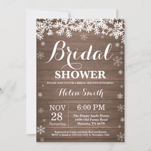 Rustic Winter Bridal Shower Snowflake Invitation (Front)
