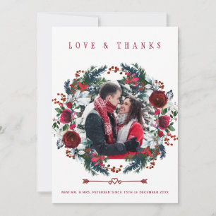 Rustic Winter Burgundy Roses Wedding Thank You Card