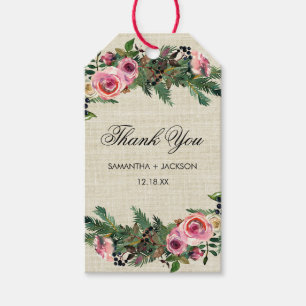 Rustic Winter Burlap Pine Rose Wedding Thank You Gift Tags