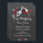 Rustic winter chalkboard burgundy floral wedding invitation<br><div class="desc">Floral bouquet of red burgundy and white peony roses with pine green fir branches and foliage wedding invitation template on a dark grey charcoal chalkboard background with a fancy modern contemporary changeable script text.  -------- The invitation is ideal for winter floral / Christmas weddings.</div>