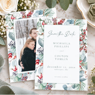 Rustic Winter Christmas Botanical Photo Wedding Save The Date
