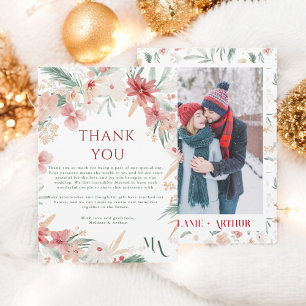 Rustic Winter Christmas Floral Photo Wedding Thank You Card