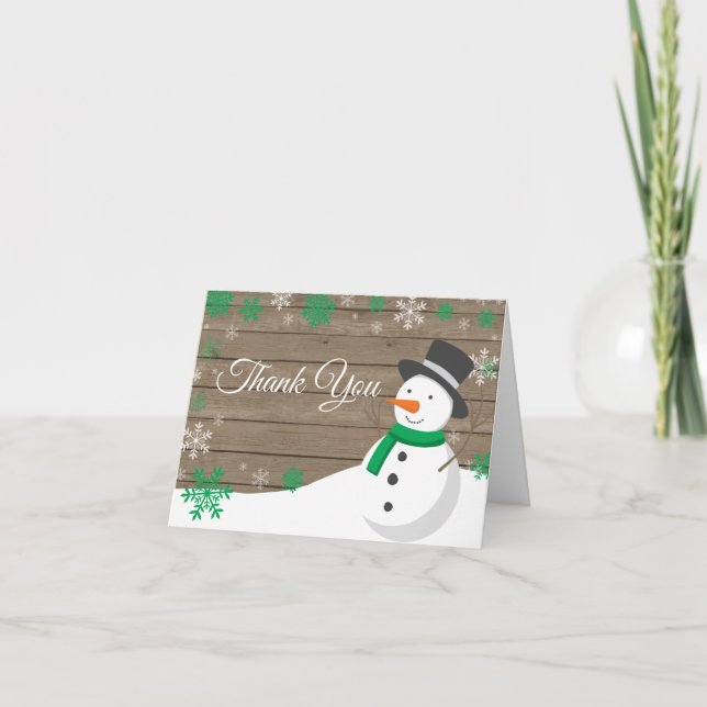 Rustic Winter Christmas Green Snowman Thank You Card (Front)