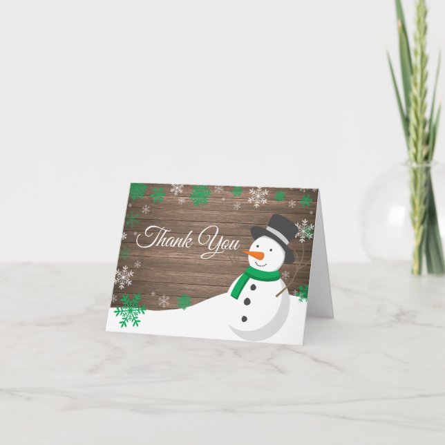 Rustic Winter Christmas Green Snowman Thank You Card (Front)