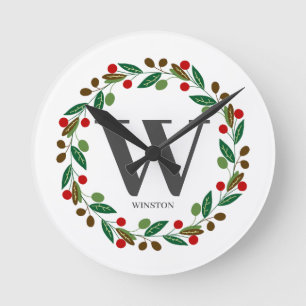 Rustic Winter Christmas Monogram Initial Wreath Round Clock