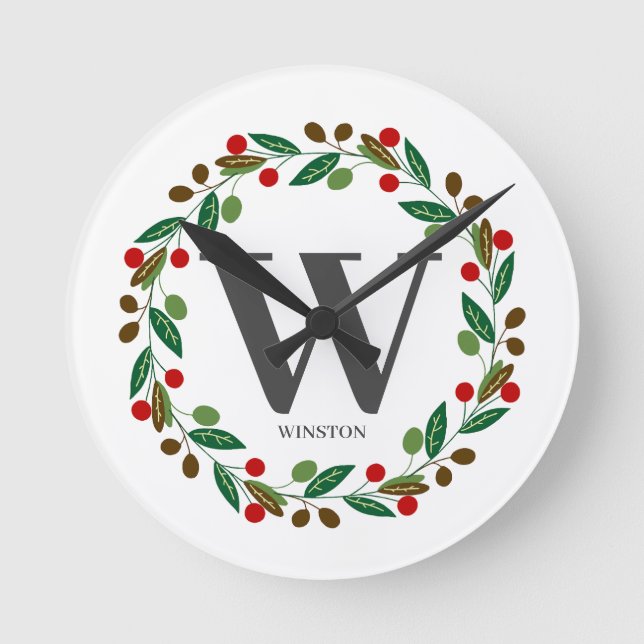 Rustic Winter Christmas Monogram Initial Wreath Round Clock (Front)