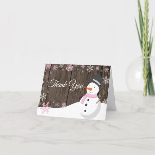 Rustic Winter Christmas Snowman Pink Thank You Card