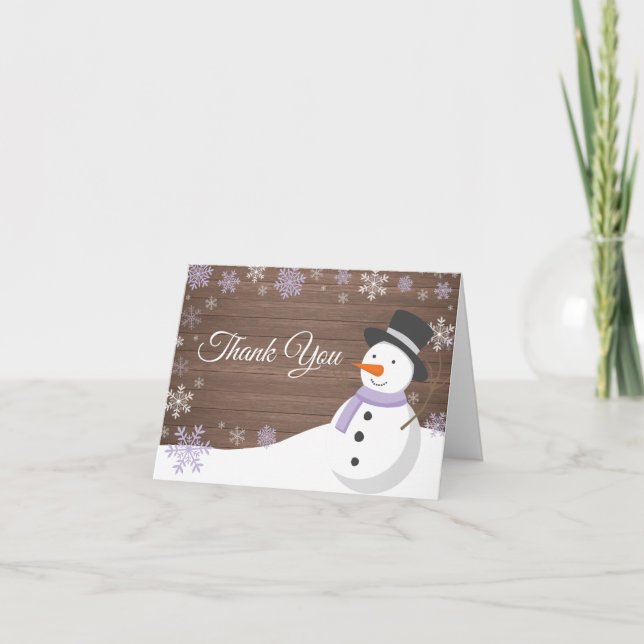 Rustic Winter Christmas Snowman Purple Thank You Card (Front)